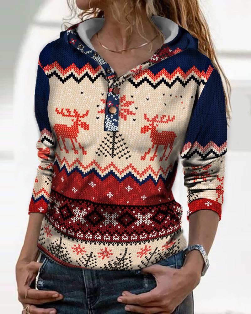 

Long Sleeve Christmas Print Hooded Top, Multicolor