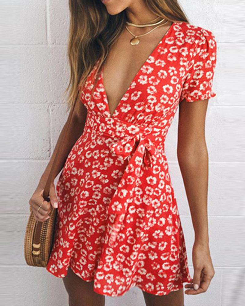 

Floral V Neck Ruffle Mini Dress, Red