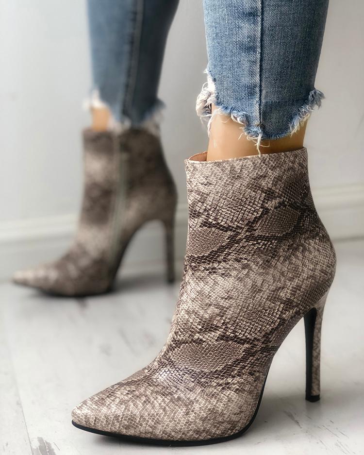 

Snakeskin Point Toe Thin Heeled Ankle Boots, Gray