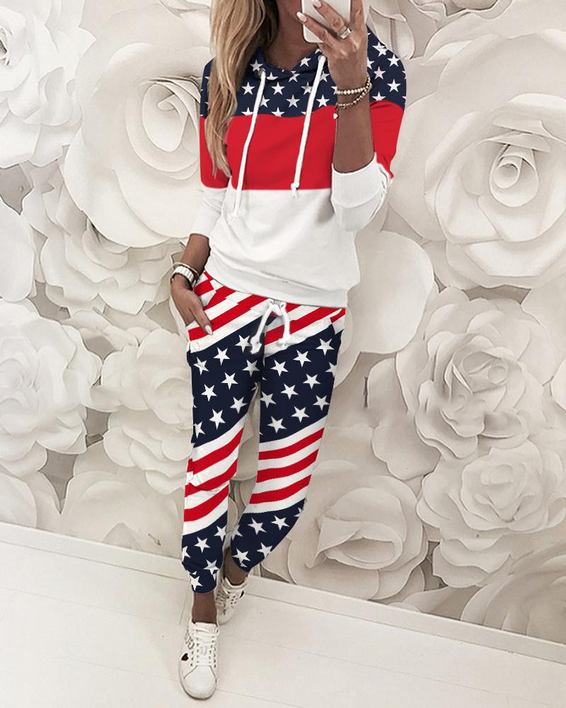 

Flag Print Colorblock Top & Pant Sets, Multicolor