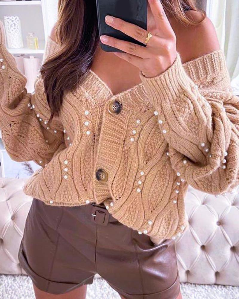 

Beaded Buttoned Knit Casual Cardigan, Khaki