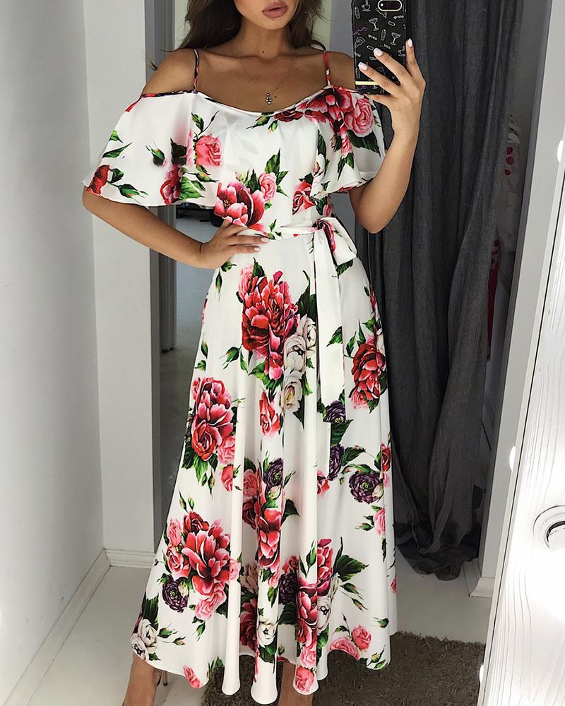 

Floral Print Cold Shoulder Ruffles Dress, Multicolor