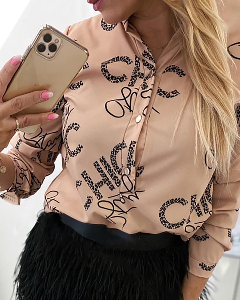 

Letter Print Buttoned Casual Blouse, Khaki