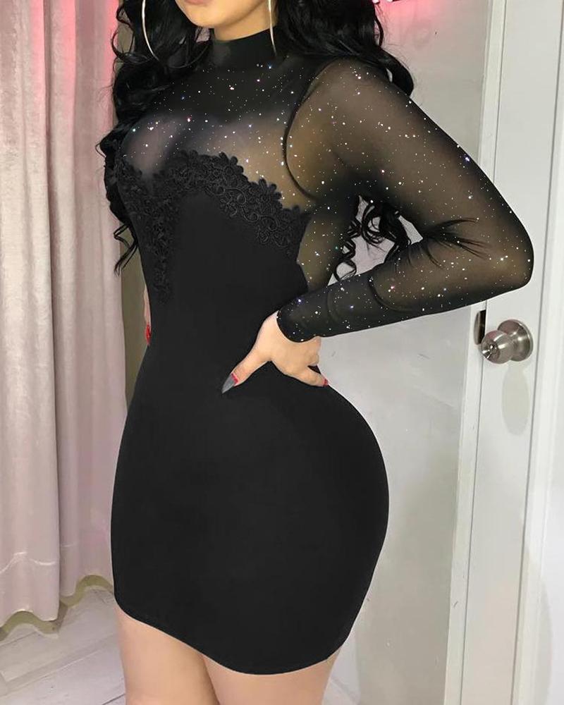 

Glitter Mesh Patchwork Long Sleeve Bodycon Dress, Black