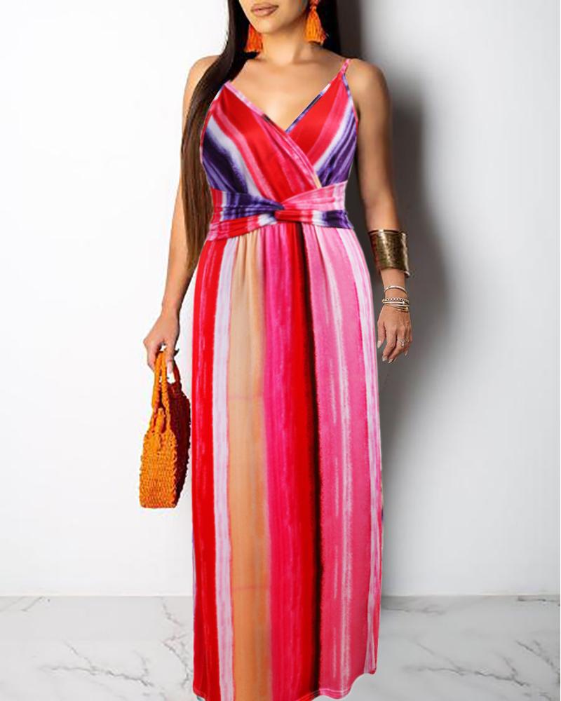 

V-Neck Print Spaghetti Strap Maxi Dress, Red