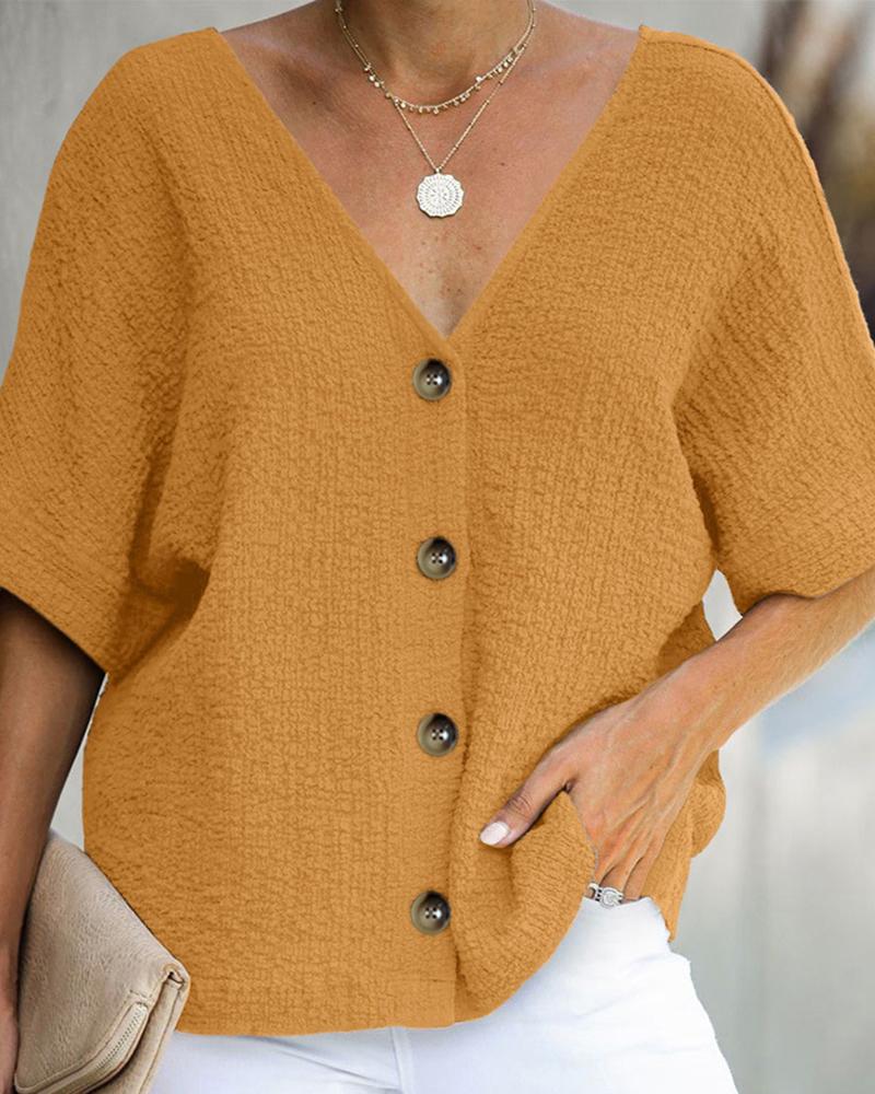 

Solid V-neck Bottoned Design Blouse, Yellow