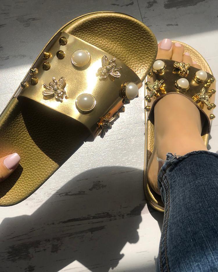 

Shiny Embellished Single Strap Flat Sandals, Gold