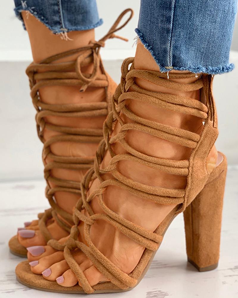 

Lace-Up Open Toe Slingback Chunky Heels, Brown