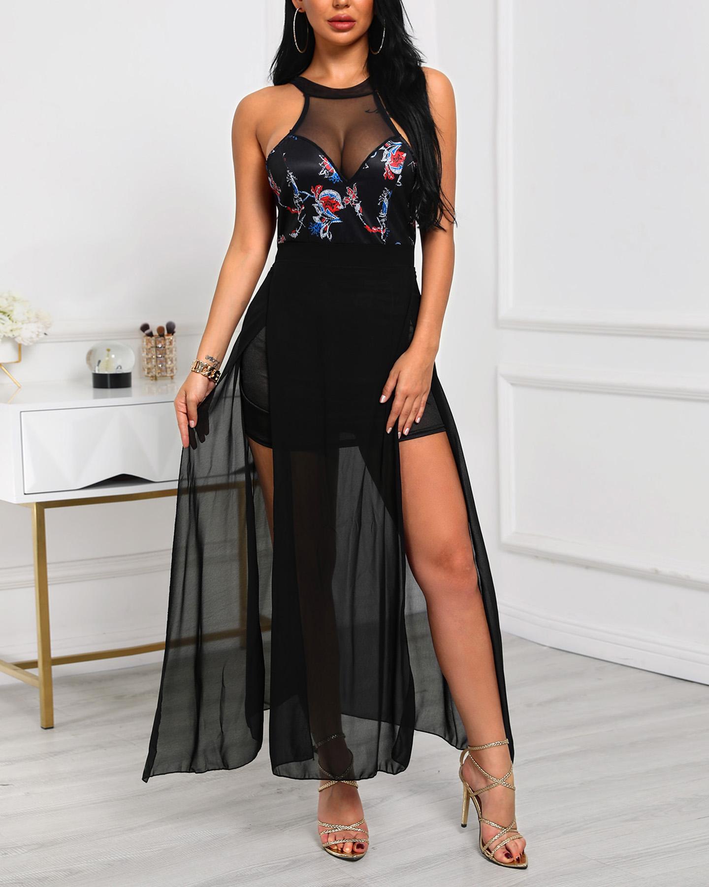 

Sleeveless Sheer Mesh Slit Dress, Black