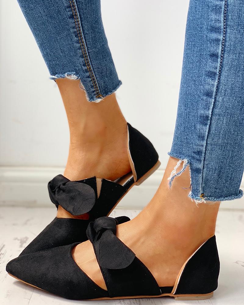 

Suede Bowknot Pointed Toe Flat Shoes, Black