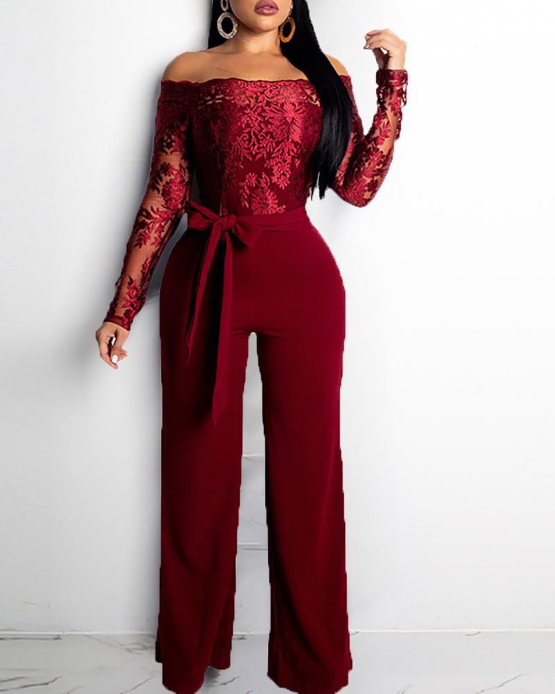 

Off Shoulder Lace Bodice Jumpsuits, Wine red