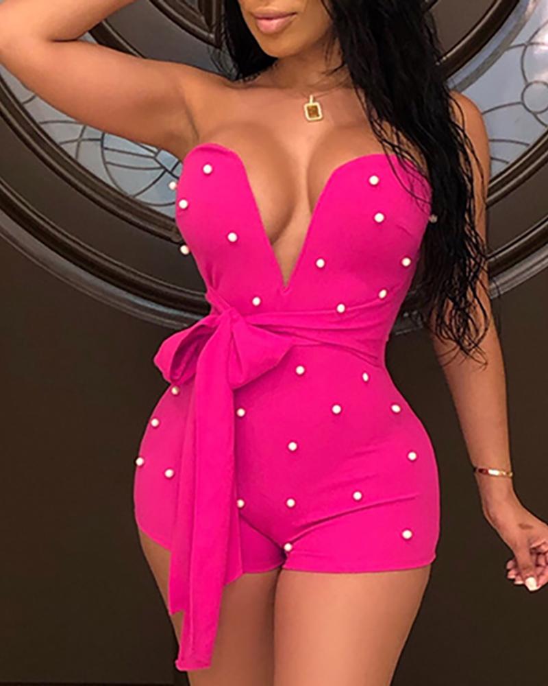

Deep V Beaded Belted Tube Mini Dress, Hot pink