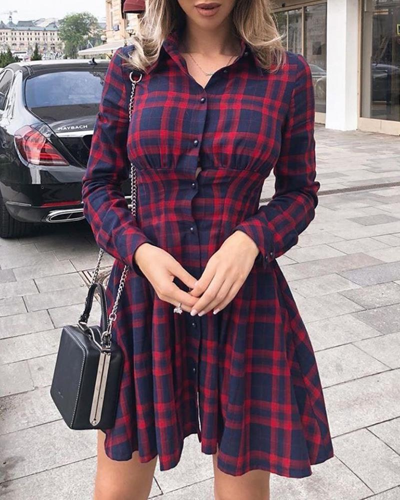 

Plaid Tight Waist Long sleeve Shirt Dress, Hot pink