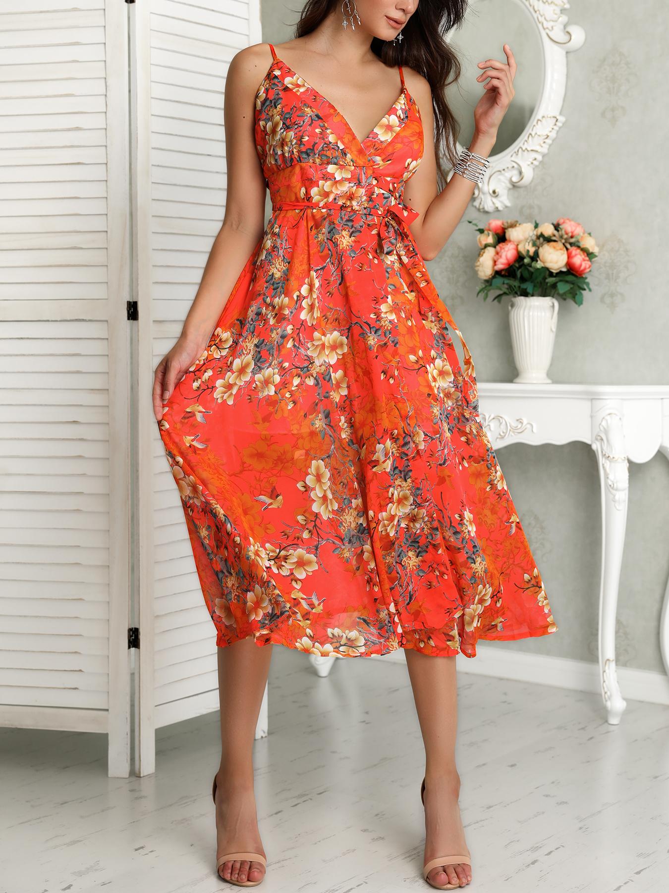 

Floral Print Spaghetti Strap Self-Belted Dress