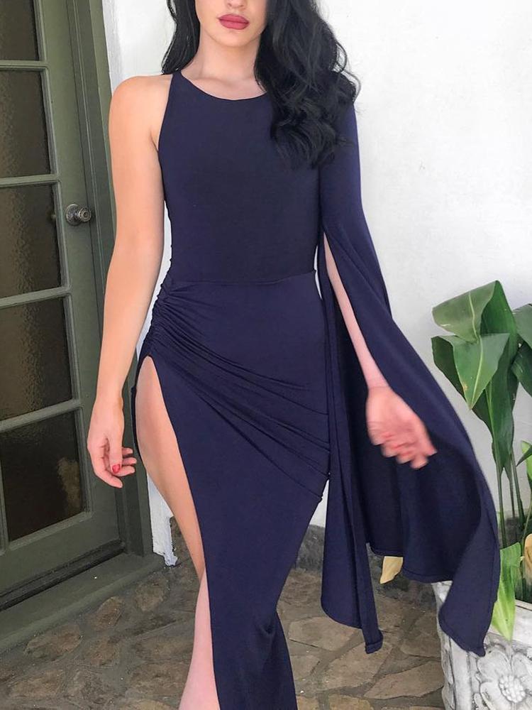 

One Shoulder Slit Sleeve Irregular Evening Dress