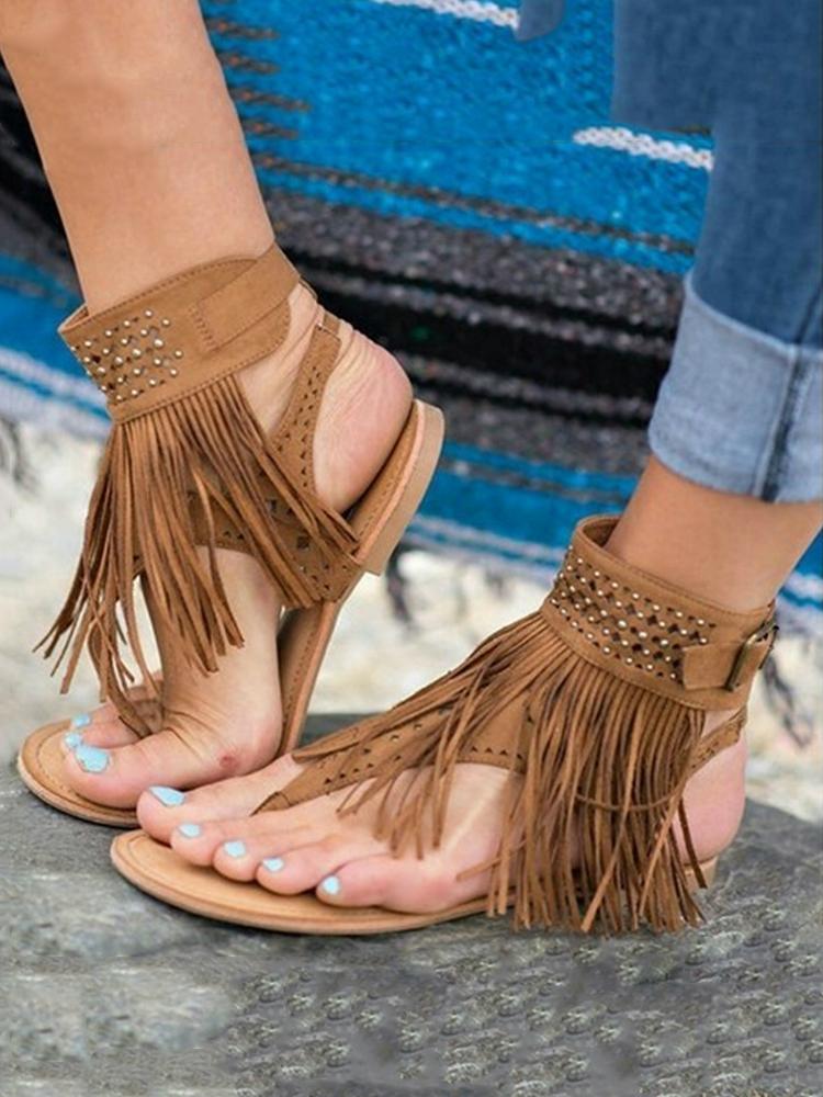 

Ethnic Style Fringe Tassel Thong Flat Sandals, Brown