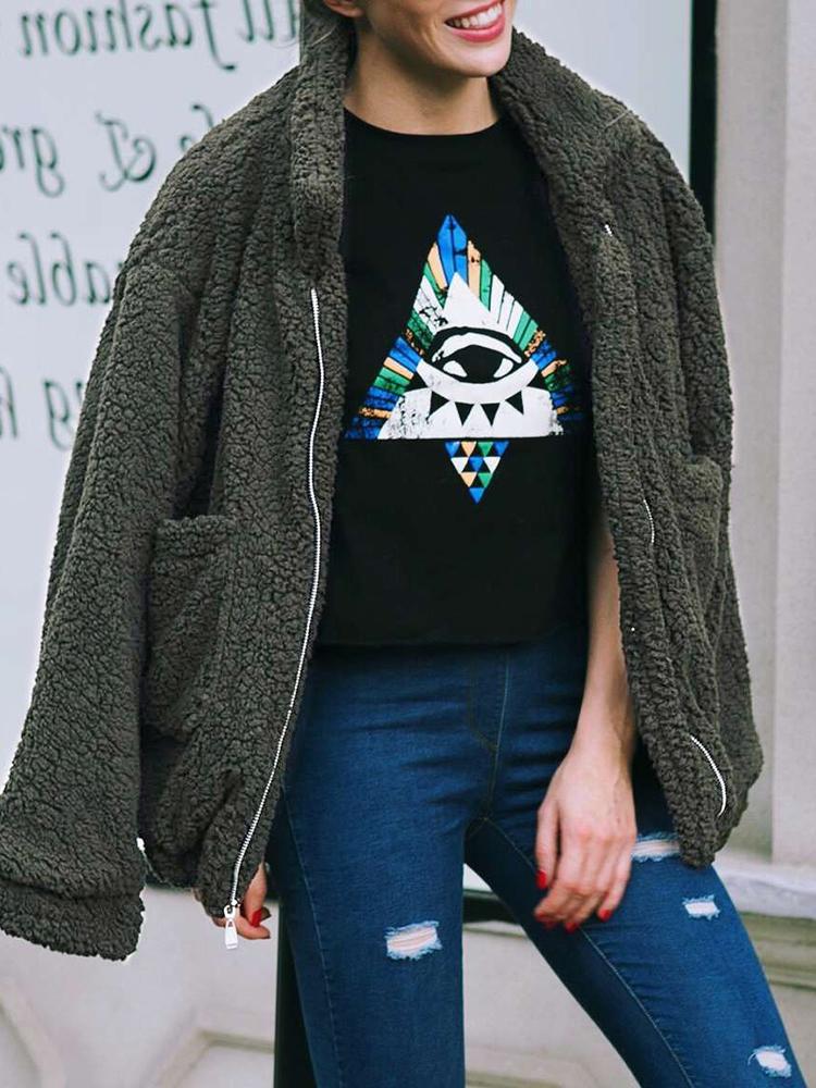 

Fluffy Zipper Up Pocket Design Oversized Coat, Green