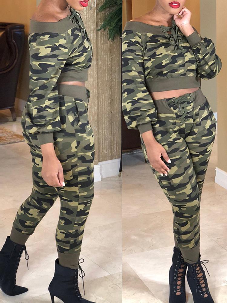 

Camouflage Print Lace-Up Drawstring Tracksuits, Army green