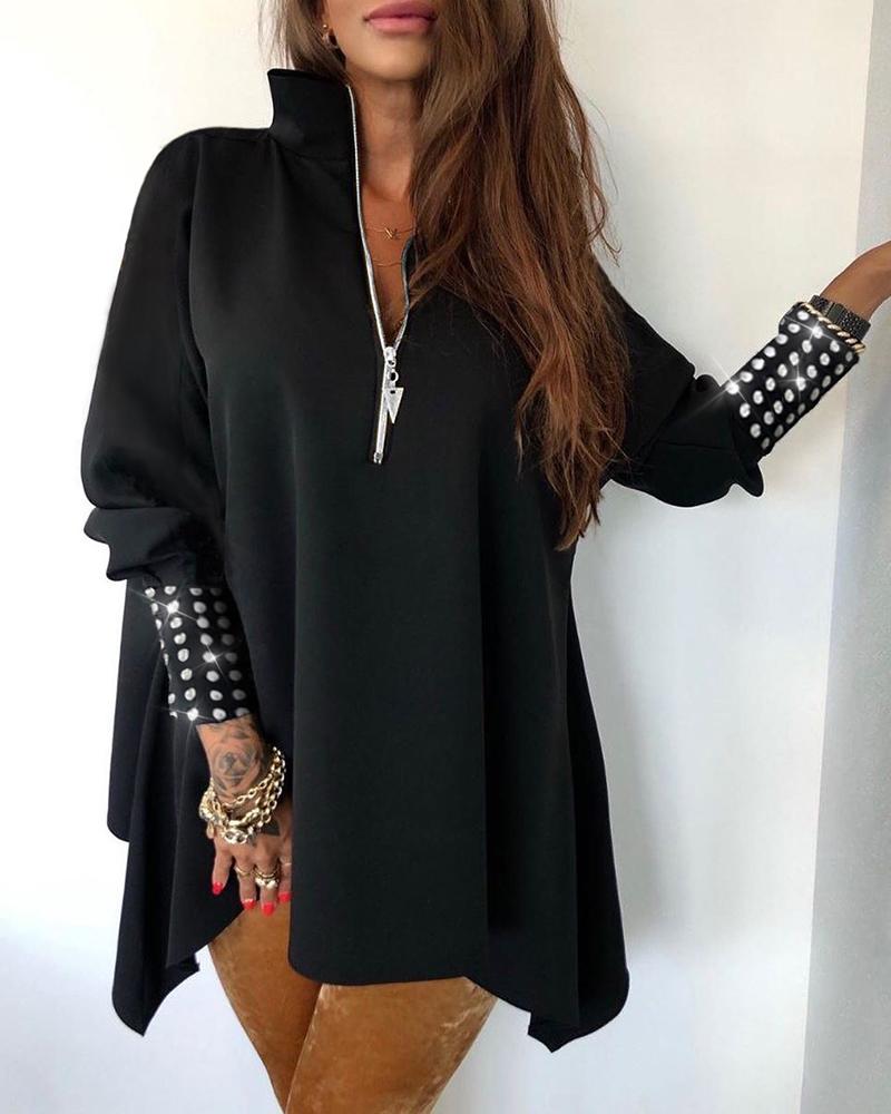

Studed Lantern Sleeve Zipper Front Blouse, Black
