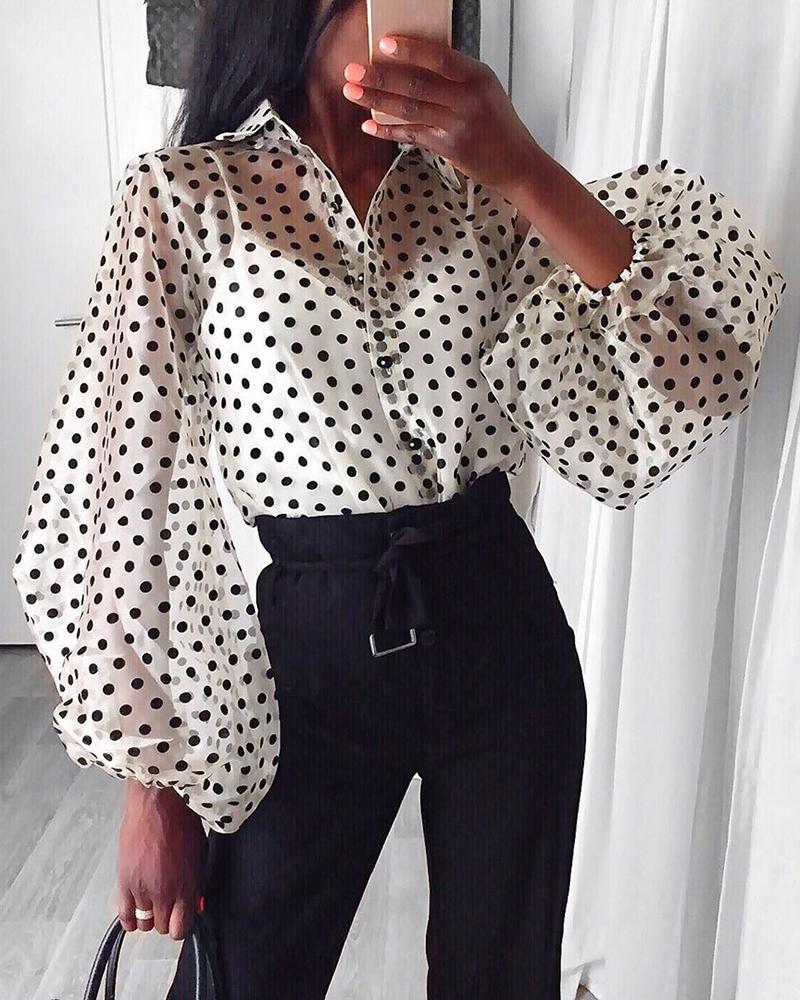 

Polka Dots Lantern Sleeve Shirt, White