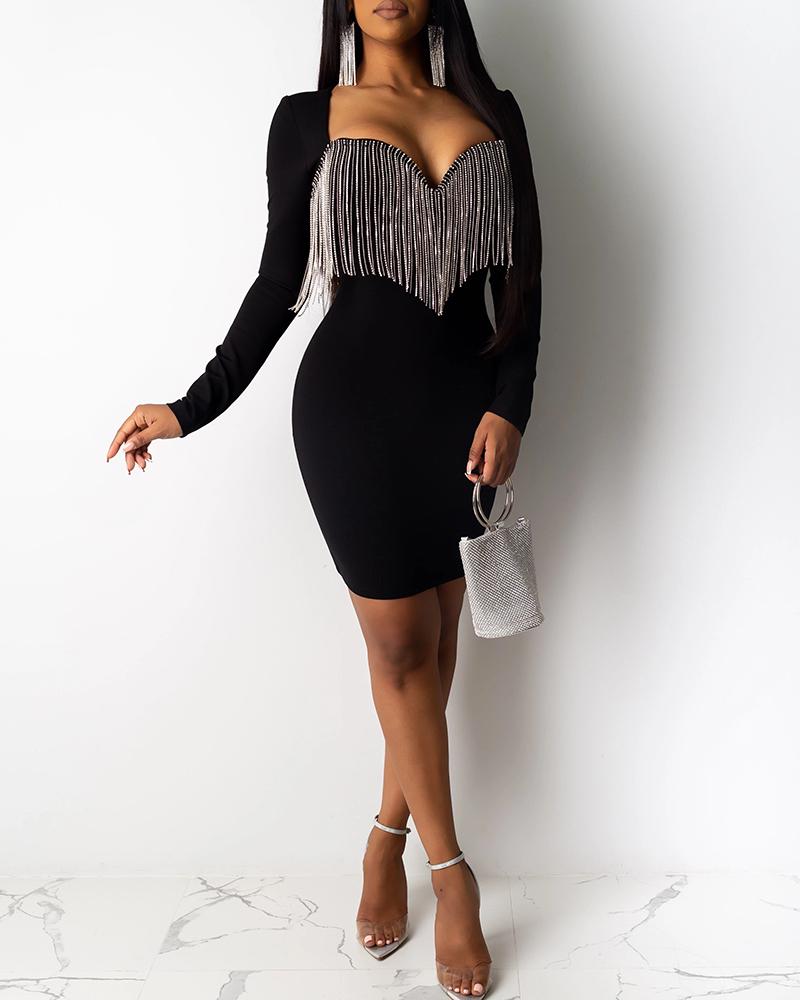 

Sweetheart Neck Tassel Long Sleeve Party Dress, Black