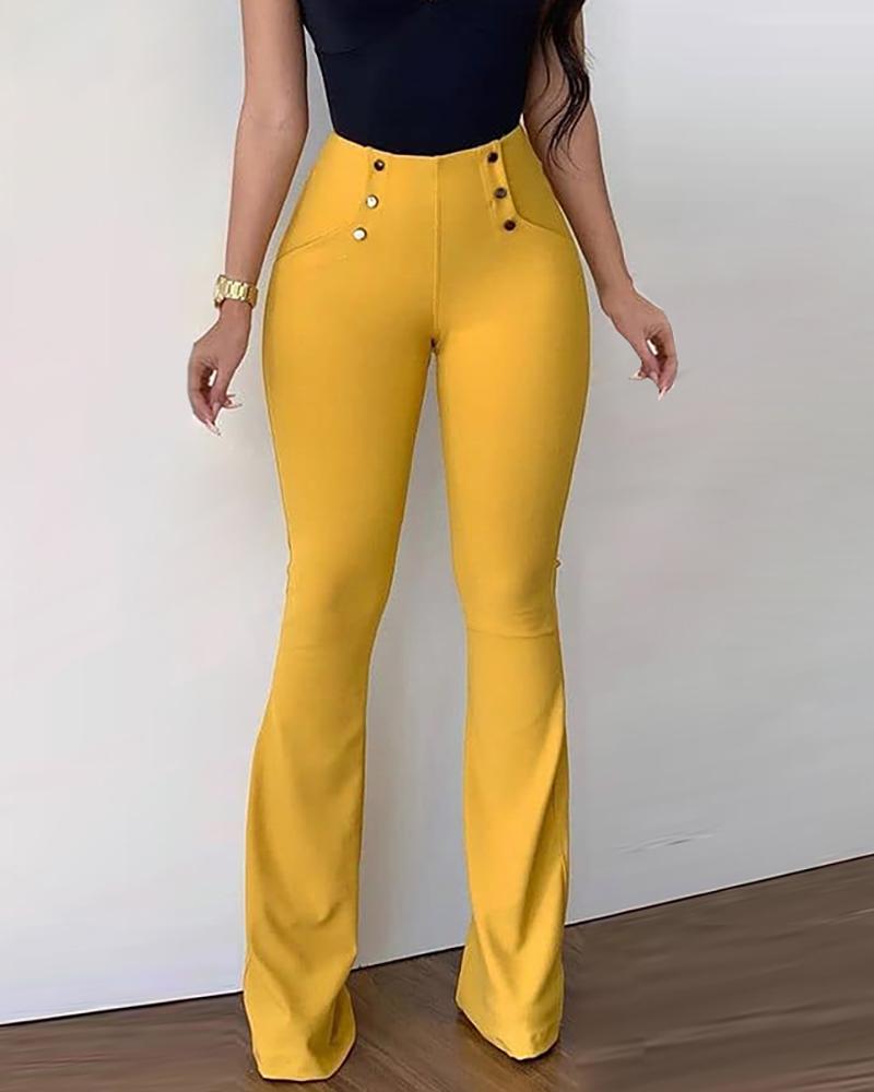 

Solid Buttoned Pocket Design Bell Bottom Pant