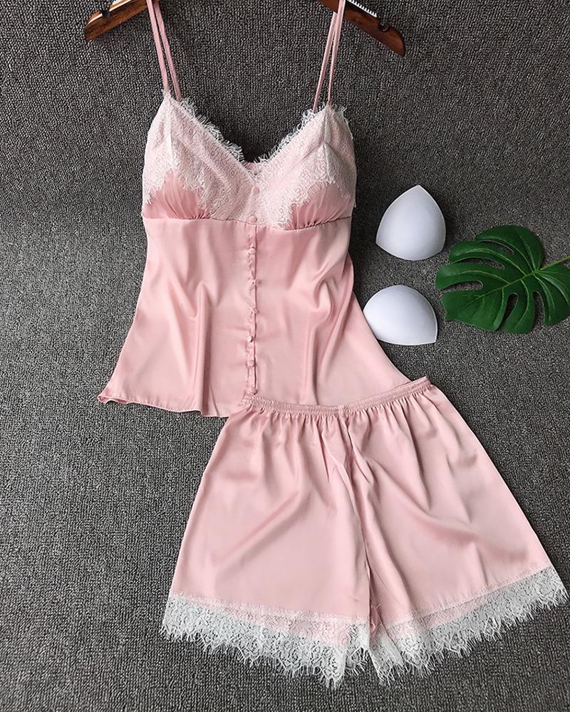 

Spaghetti Strap Lace Trim Sleepwear Cami Set, Pink