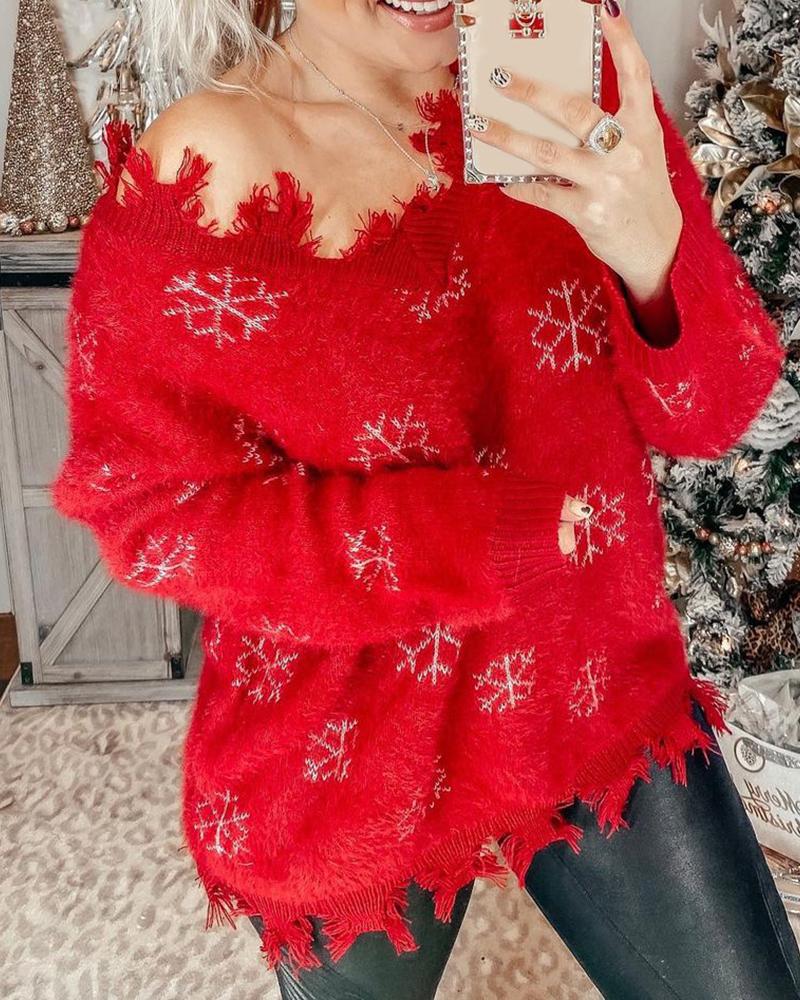 

Zig Zag Pattern Christmas Print Sweater, Red