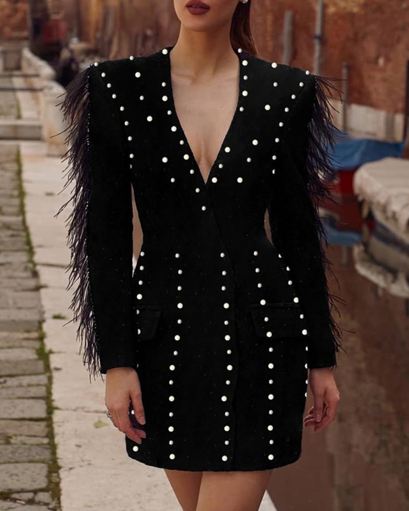 

Beaded Plunge Feather Design Blazer Dress, Black