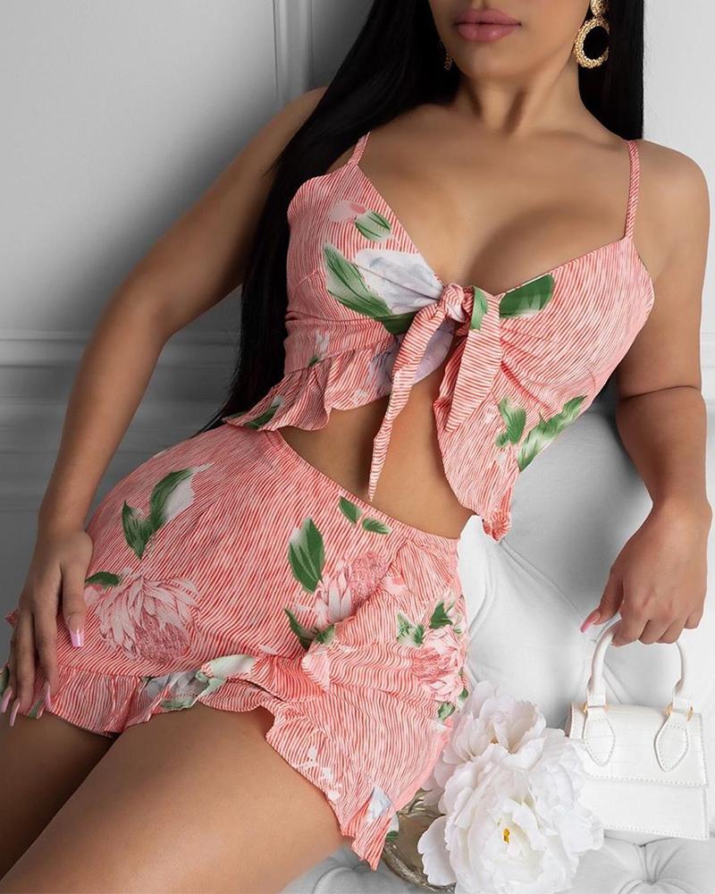 

Floral Print Ruffle Trim Set, Pink