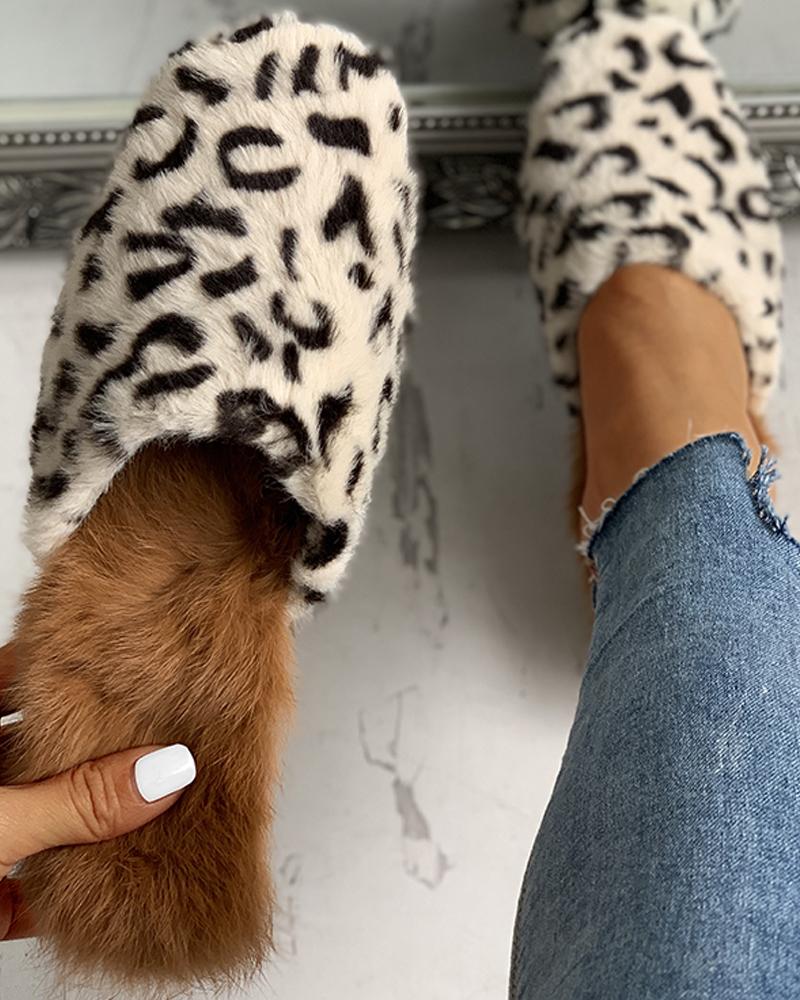 

Suede Leopard Print Fluffy Slip-On, Beige