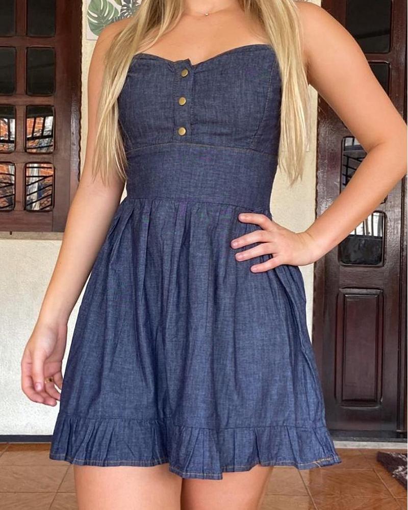 

Button Design Bandeau Ruched Denim Dress, Blue