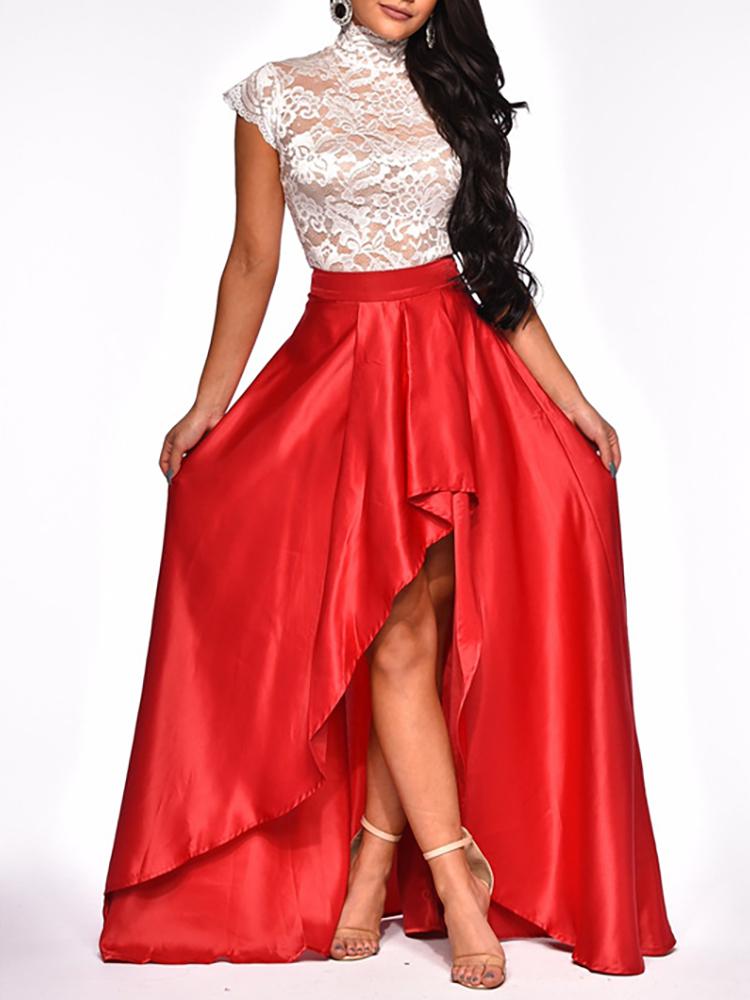 

Sheer Lace Top & Irregular Skirt Set, Red