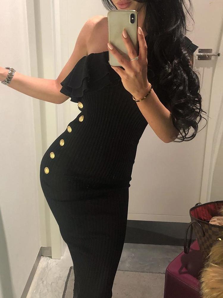 

One Shoulder Ruffles Design Button Bodycon Dress