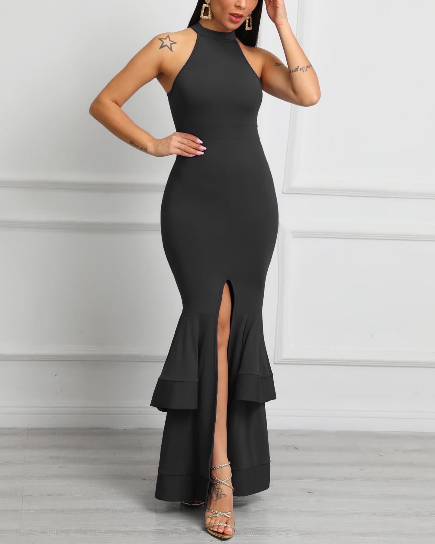 

Haltered Ruffles Mermaid Evening Dress, Black