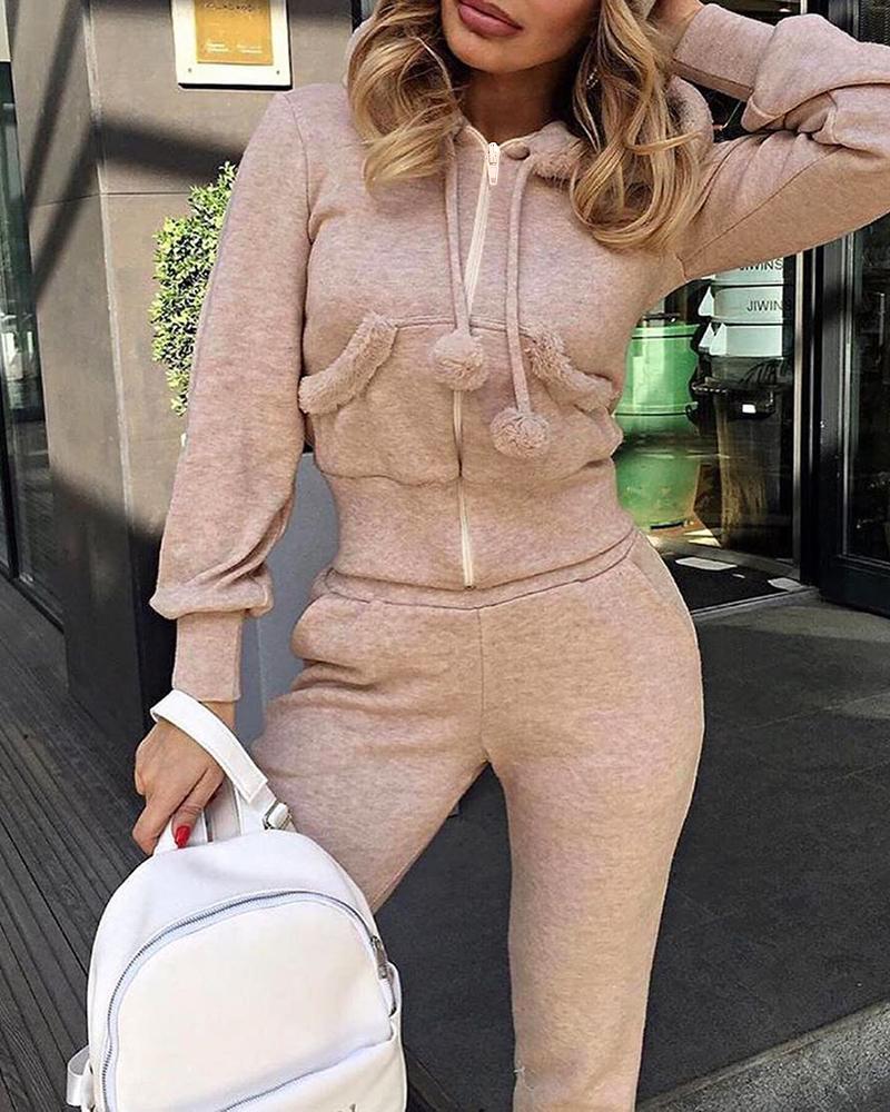 

Plain Pocket Design Hooded Top & Pants Set, Khaki