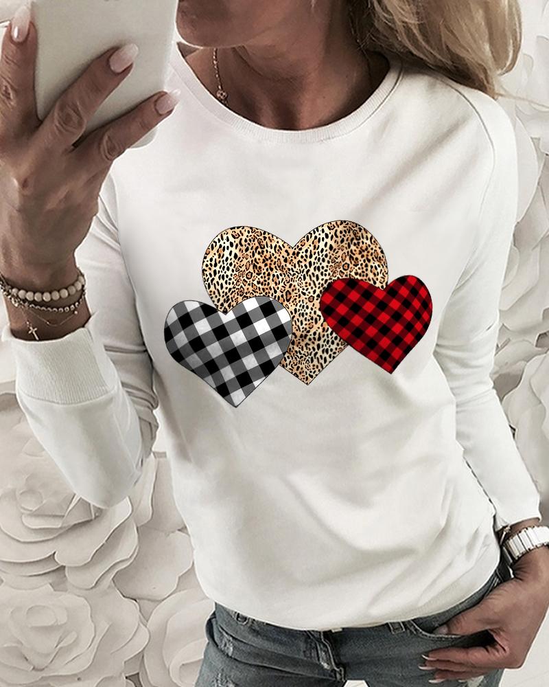 

Long Sleeve Round Neck Heart Print Tee, White