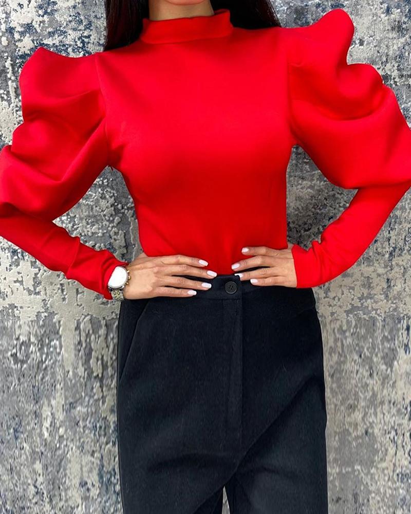 

Solid Puff Sleeve Zip Top, Red