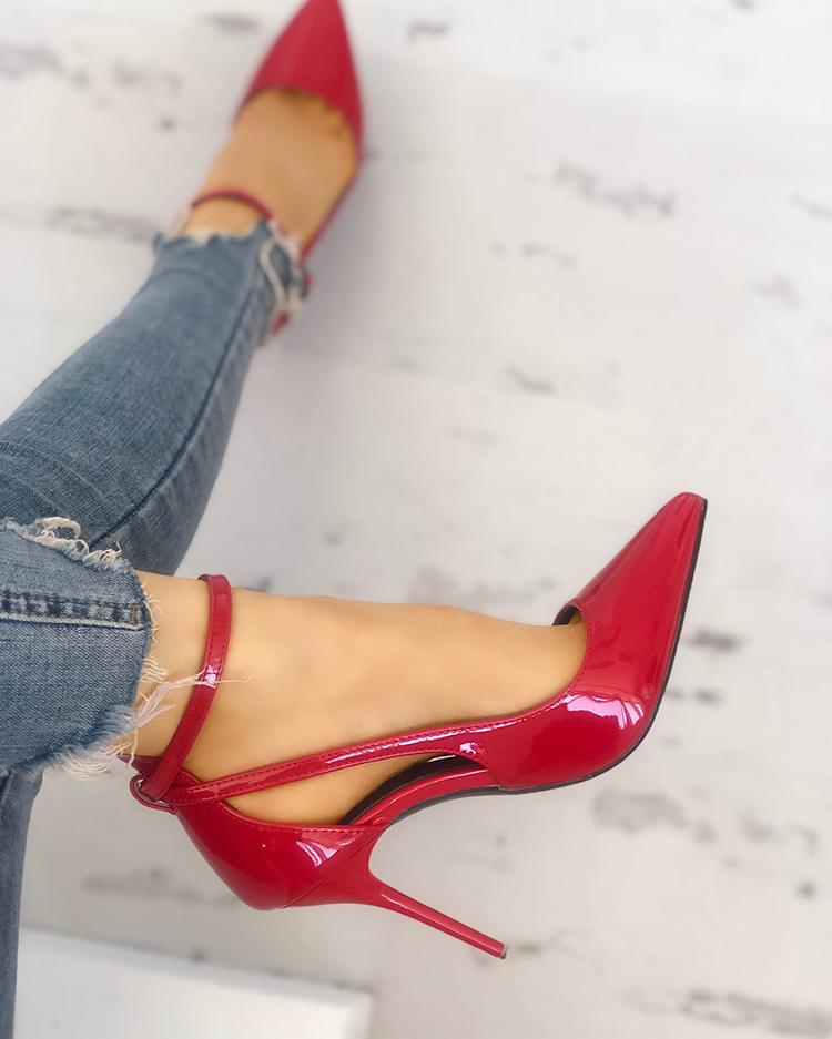 

Solid Color Buckle Cutout Pointed Toe Heels, White