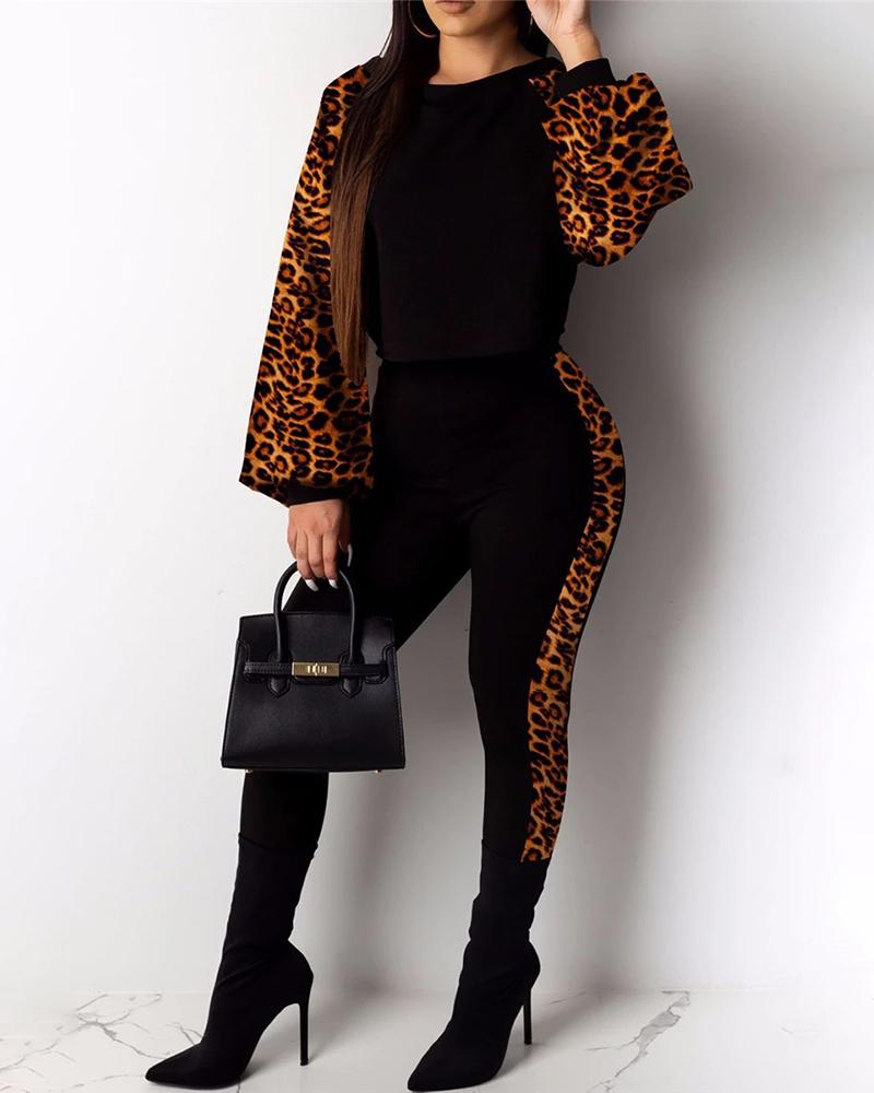 

Leopard Print Insert Top & Pants Sets, Black