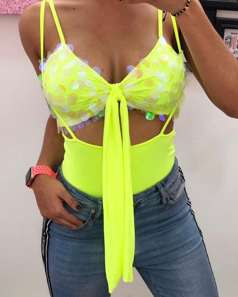 

Tie Front Sequins Bralette & Spaghetti Strap Bodysuit Set, Yellow