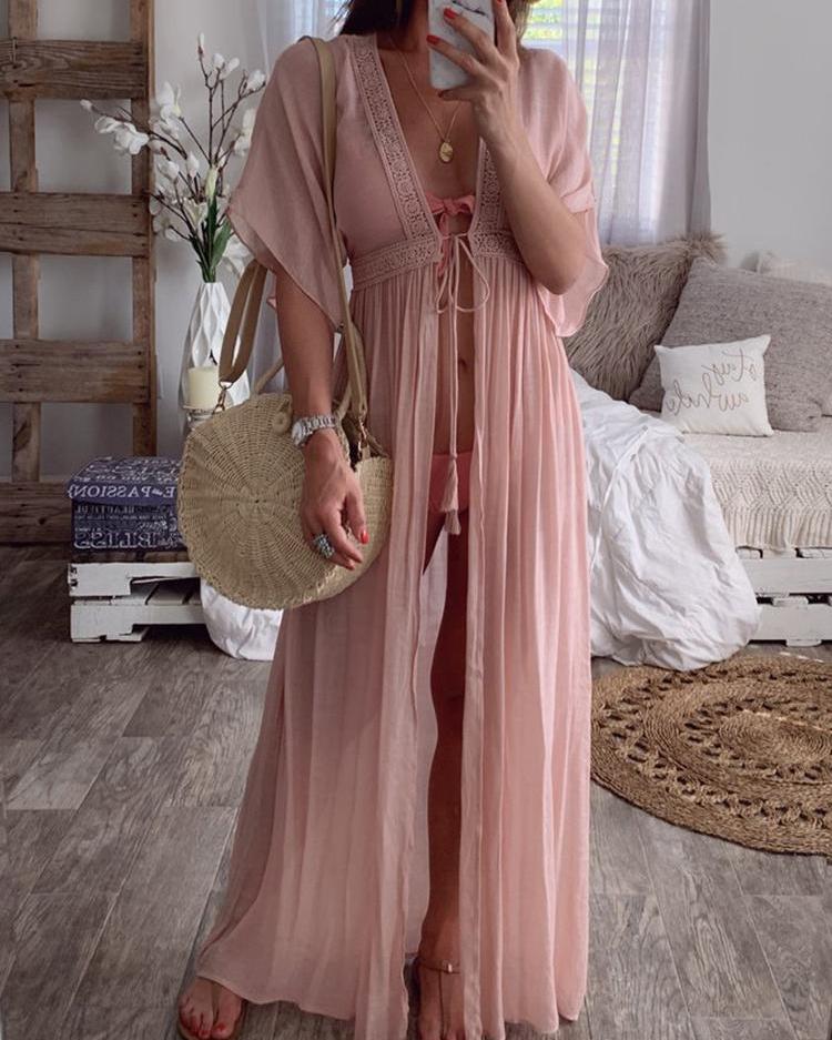 

Crochet Lace Insert Long Cover Up, Pink