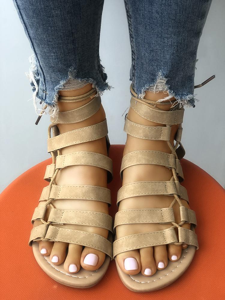 

Solid Multi-strap Strappy Flat Sandals, Beige