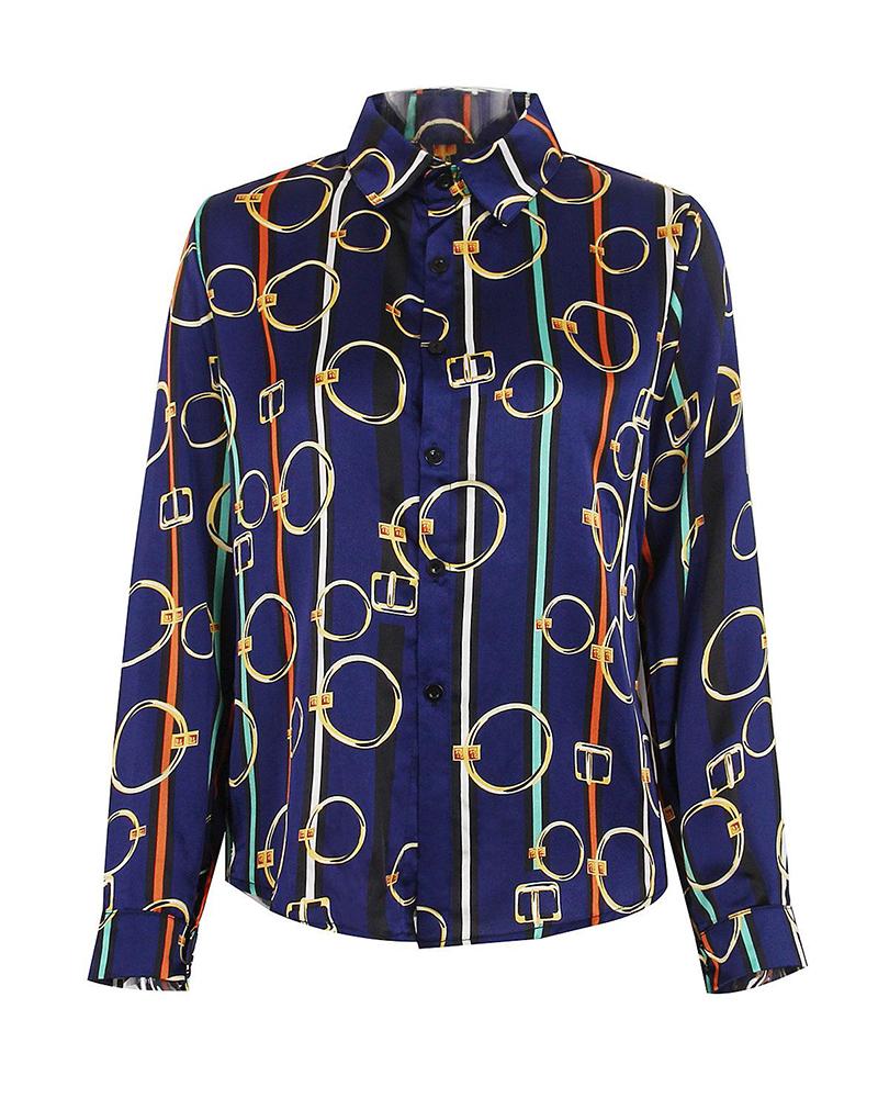 

Colorful Striped Printed Long Sleeve Shirt, Blue