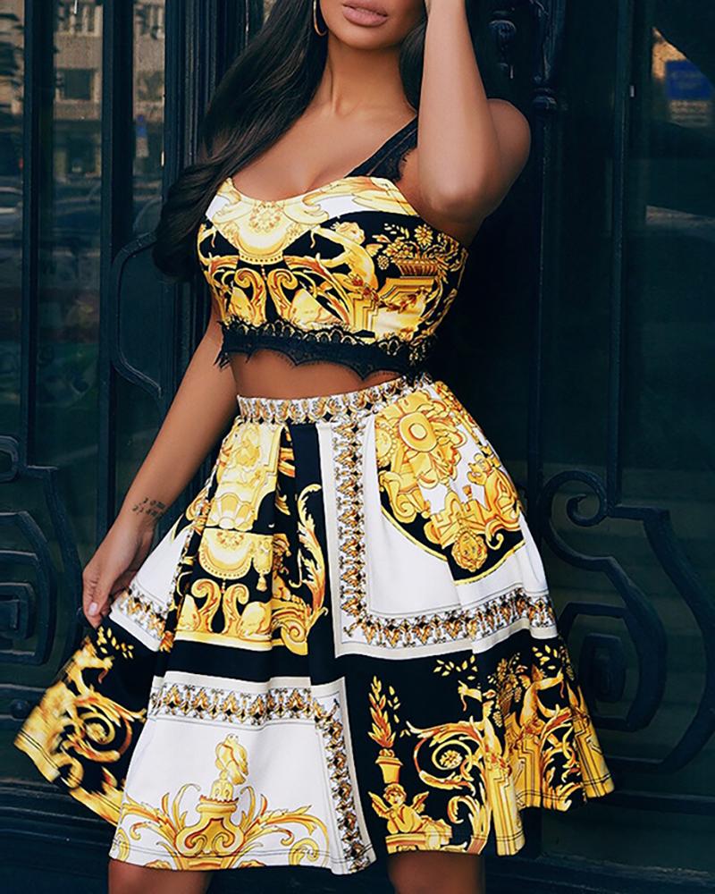 

Paisley Print Thick Strap Top & Skirt Sets, Gold