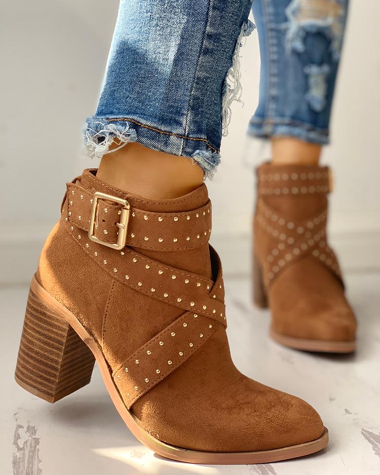 

Rivets Embellished Crisscross Buckle Chunky Boots, Brown