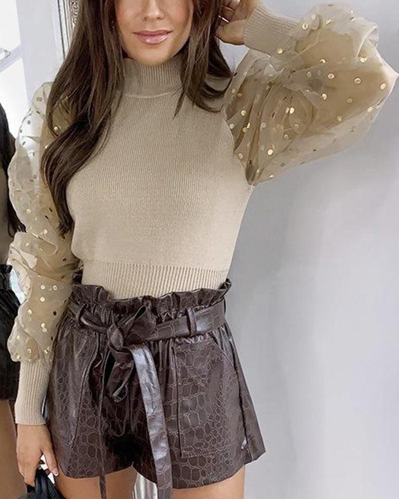 

High Neck Mesh Sleeve Top, Apricot