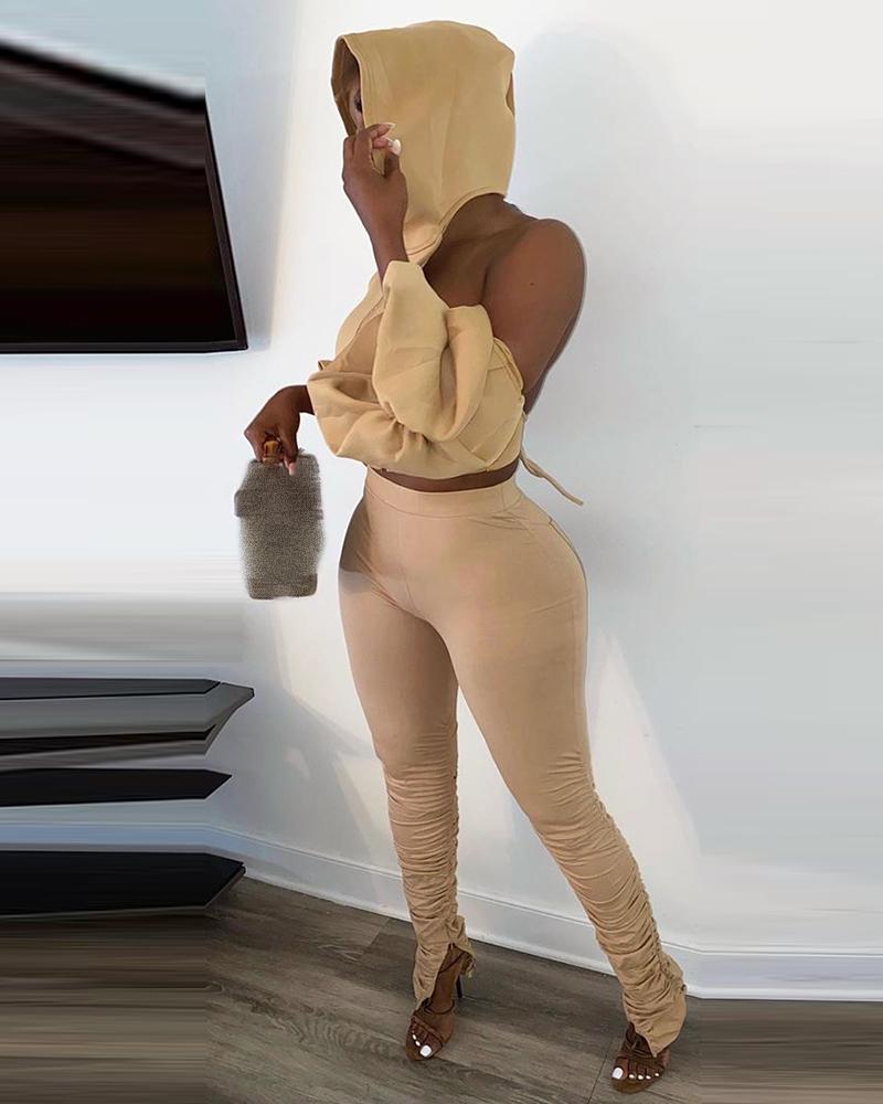 

Backless Hooded Top & Ruched Slit Pants Set, Khaki