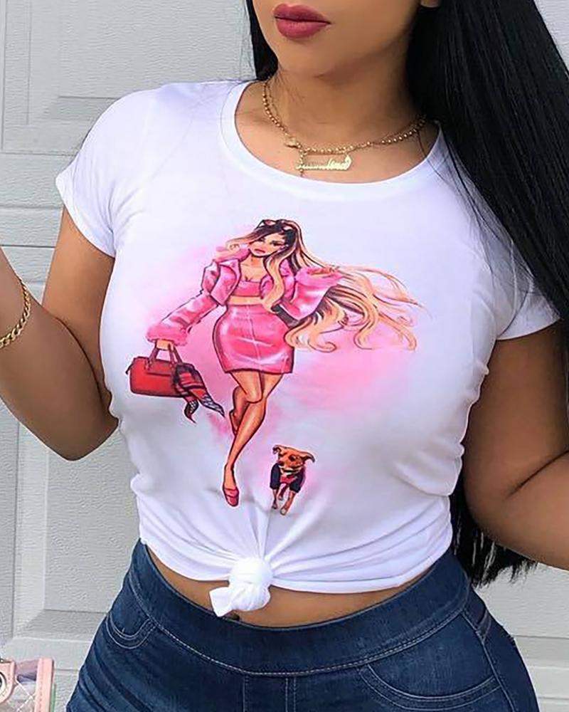 

Figure Print Short Sleeve Casual T-Shirt, White