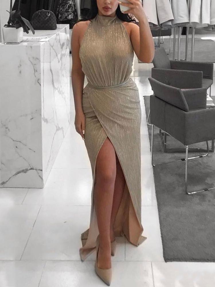 

Solid Sleeveless Thigh Slit Dip Hem Dress